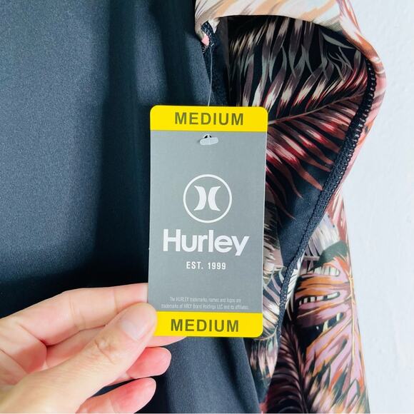 NEW Hurley black white pink palm beach rash guard swim surfing UPF medium - Picture 6 of 7